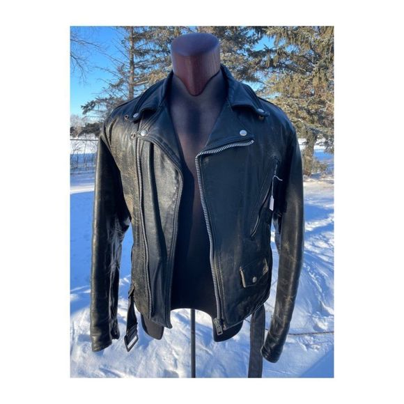 Vintage 80s Brush Fire Moto Steerhide Leather Jacket Biker Black Distressed Cana - Picture 2 of 16